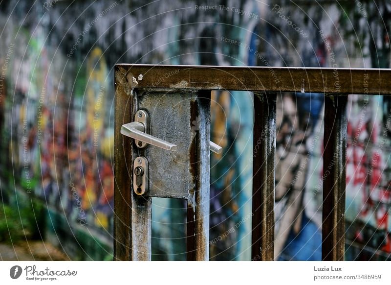 Eingangstor aus Metall mit Patina, dahinter bunte Graffitis Tor Türgriff Schloss Rost außen Hof Stadt urban Schule menschenleer sonnig Sonnenlicht