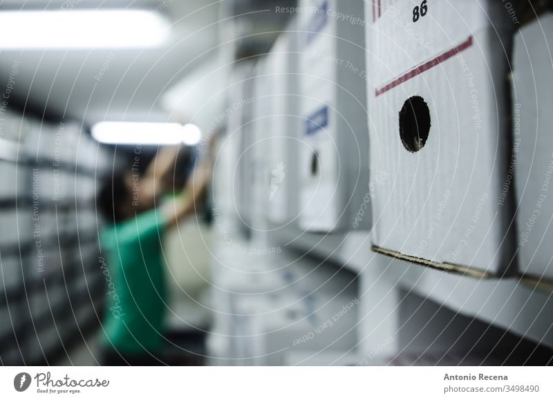 Dateiarbeiter verschwommen im Hintergrund, Fokus in der Dateibox Arbeit Arbeiter Dateien Keller im Innenbereich arbeiten Arbeitsplatz Kasten Papier Mann