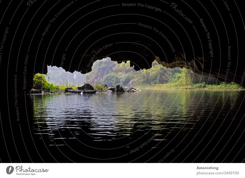 Grotte in Ninh Binh, Tam Coc, Vietnam Asien Fluss Höhle dunkel Aussicht niedrig grün schwarz Felsen Stein Wasser Flussufer Steine Laub Blätter Wald Urwald Natur