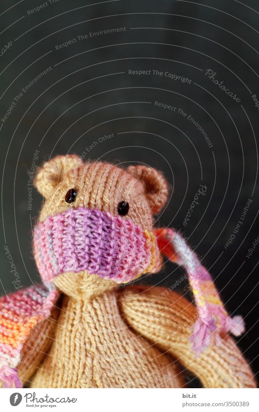 Iff fkann nikfs mea fsagen, kleiner, gestrickter Teddy mit buntem Schal um den Mund als Mundschutz, gegen Ansteckung mit Viren, Corona und Grippe, schaut traurig und ängstlich, vor einer schwarzen Tafel im Hintergrund..