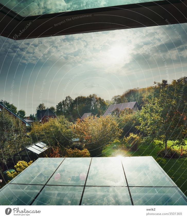 Wintergarten Ausblick Garten Natur Bäume Sträucher Idylle Himmel Wolken Sonne Sonnenlicht Gegenlicht Fenster Dachfenster Reflexion & Spiegelung Glas Glasdach