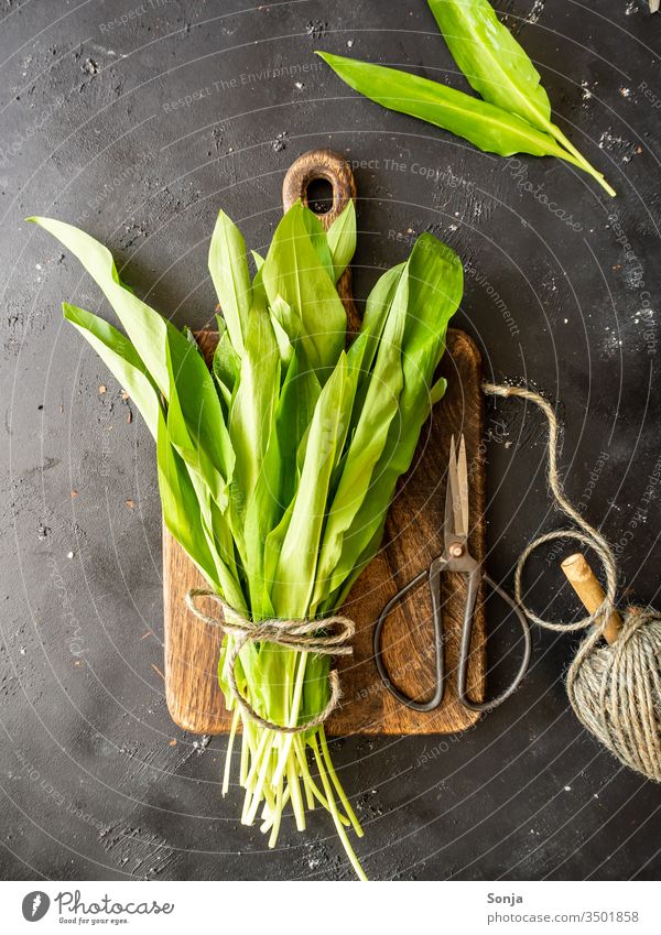 Frischer Bärlauch im Bund auf einem Schneidebrett, einer Gartenschere und Garn auf einem rustikalen Tisch. Frühling, gesunde Ernährung bärlauch roh Grün Gemüse