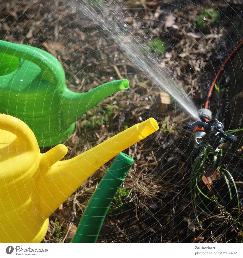 Drei Gießkannen bestaunen einen Wassersprenger Tülle Rüssel gießen Gruppe Garten bewässern Gartenarbeit Frühling Kreisregner Sektorenregner Schlauch