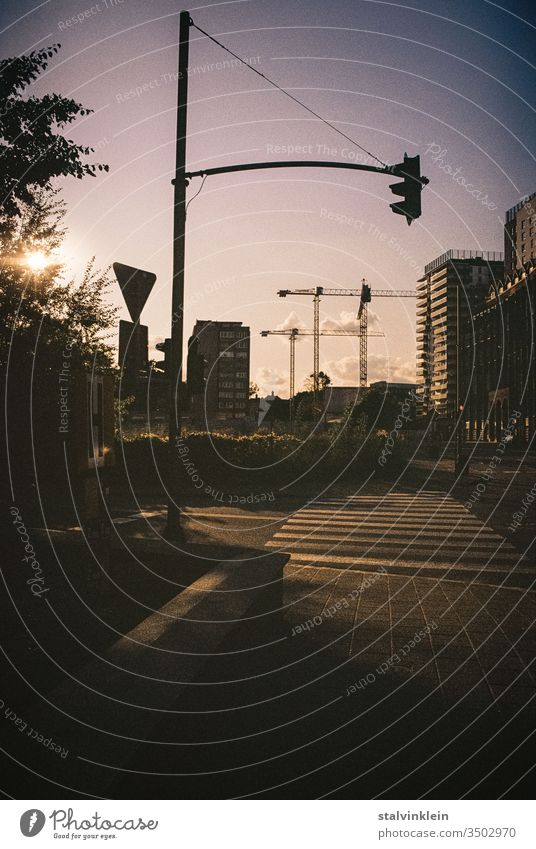 Im Gegenlicht des Sonnenuntergangs stehen Baukräne, Verkehrsschilder und eine Ampel am Zebrastreifen. Straßenverkehr Himmel Golden Hour goldene stunde analog