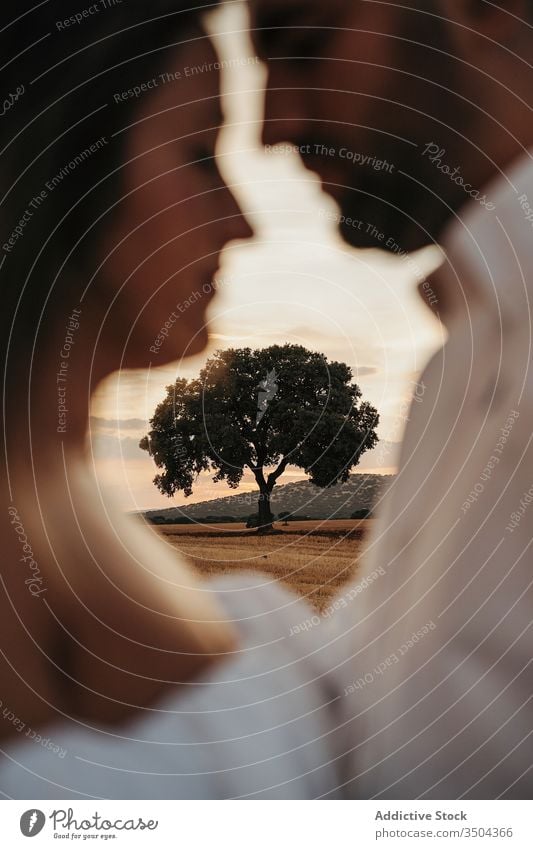 Baum hinter dem Paar am Abend Liebe Termin & Datum Sonnenuntergang Umarmung Sommer Landschaft Himmel Zusammensein Partnerschaft Mann Frau Natur romantisch