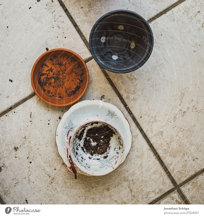 Leere Blumentöpfe und eine Tasse in der Draufsicht auf dem Balkon Balconing Balkonbepflanzung Blumentopf Fließen Hobby Hoffnung Saat Samen Töpfe