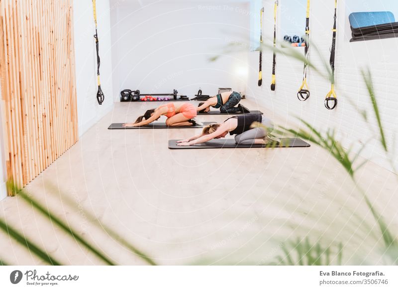 Gruppe von Frauen, die sich nach dem Sport in der Turnhalle dehnen. Gesunder Lebensstil Hanteln Fitnessstudio Freunde Gesundheit Lifestyle im Innenbereich