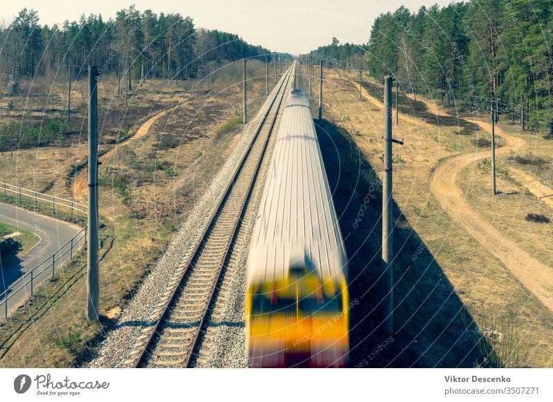 Elektrischer Zug fährt durch den Wald Hintergrund Baum retro altehrwürdig Sommer Natur grün Schiene Eisenbahn Bahn Verkehr Transport reisen im Freien elektrisch