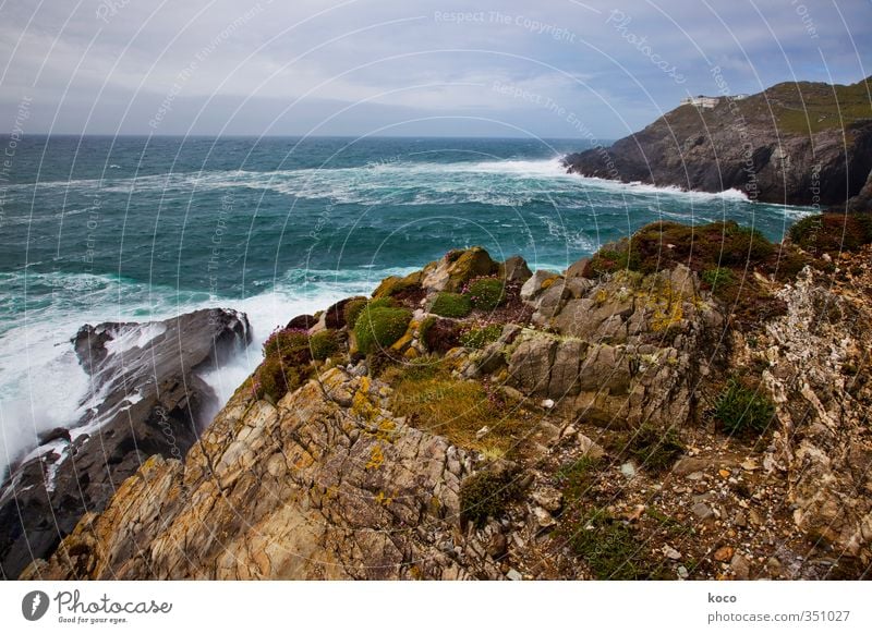 Land's End Umwelt Natur Landschaft Urelemente Erde Luft Wasser Himmel Wolken Gewitterwolken Frühling Sommer Wetter Gras Moos Berge u. Gebirge Wellen Küste Bucht