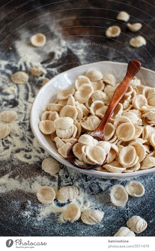 Frische rohe italienische Teigwaren Orecchiette Apulien Spätzle Italienisch frisch trocknen traditionell Bestandteil abschließen Löffel dunkel Teller Diät Mehl