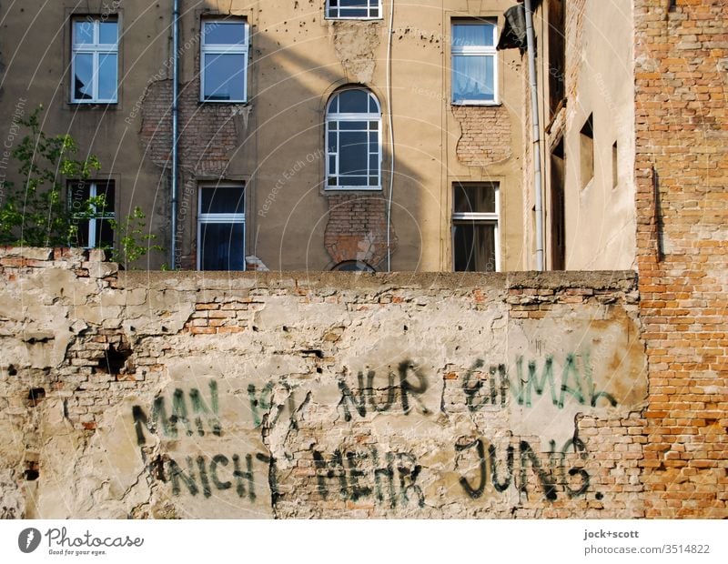 Man ist nur einmal nicht mehr jung Mauer Architektur Mietshaus Kreativität Stil Subkultur Sonnenlicht Schatten Zahn der Zeit Redewendung Weisheit Fassade