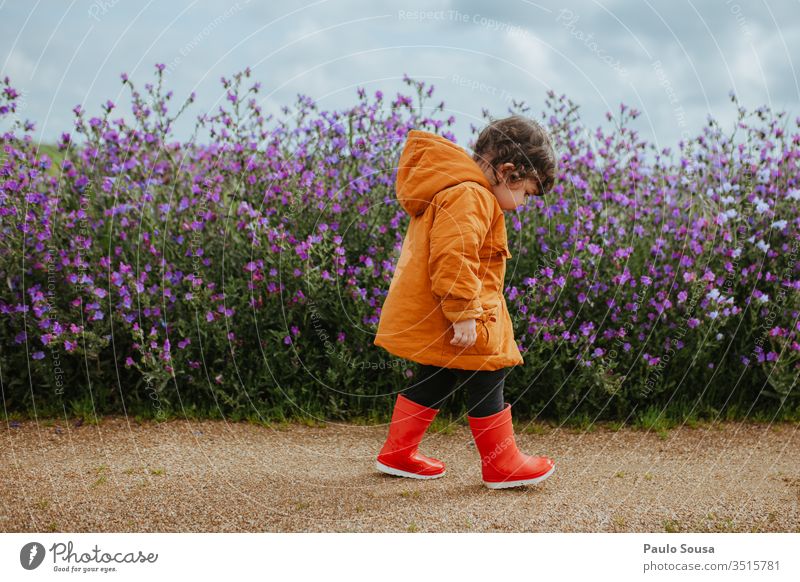 Kind läuft auf Blumenfeld Frühling Spr Blüte Pflanze Natur Farbfoto Außenaufnahme Frühlingsblume Frühlingsblumen Blütenpflanze Kindheit Lifestyle wandern grün