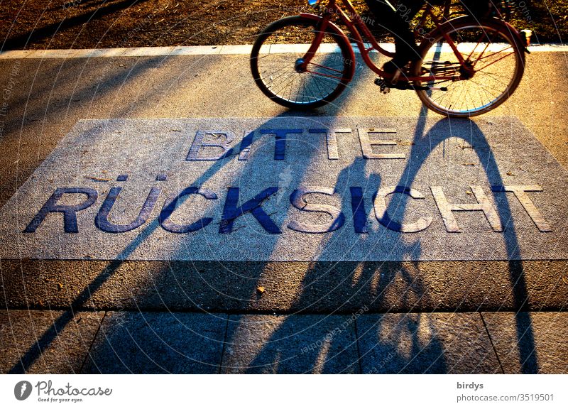 Bitte Rückssicht nehmen. Schriftzug auf einem Gehweg, Fahrradweg. Aufforderung zur Gegenseitigen Rücksichtnahme rücksichtnahme bitte