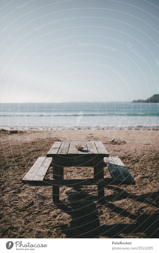 #As# Strand-Frühstück Strandbar Strandleben Tisch Neuseeland Neuseeland Landschaft Farbfoto Küste Natur Außenaufnahme Meer Wasser Ferien & Urlaub & Reisen Tag