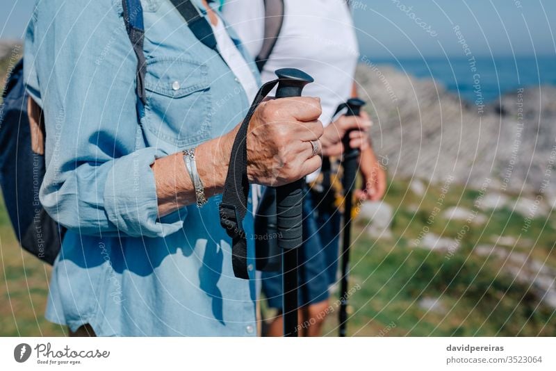 Älteres Ehepaar übt Trekking im Freien unkenntlich Senior Paar Trekkingstöcke wandern Berge u. Gebirge Hände Detailaufnahme Landschaft Feld Natur alt