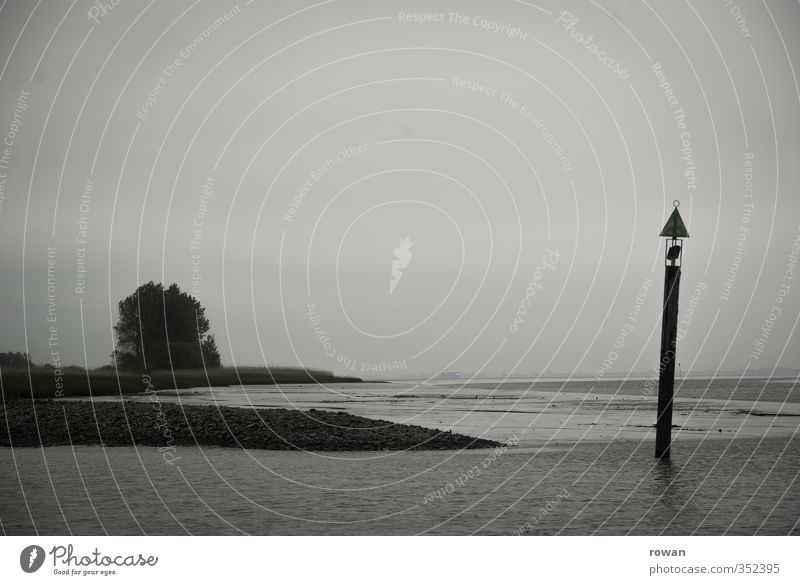 neblig Natur Landschaft Wasser Wolken Klima schlechtes Wetter Nebel Küste Seeufer Flussufer Bucht Meer bedrohlich dunkel gruselig kalt Holzpfahl Pfosten