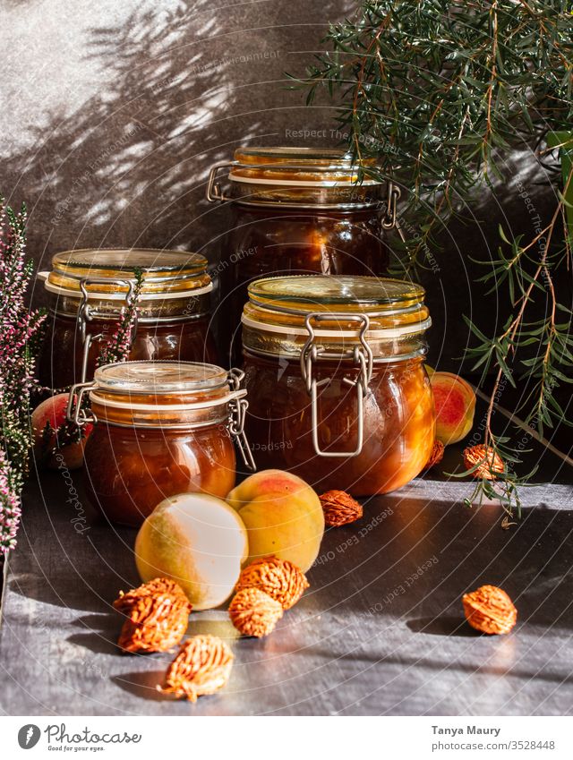 Konserven von Pfirsichmarmelade Zucker gebastelt Marmeladenglas konservieren Einmachglas altehrwürdig geschraubtes Glas Küche Oma selbstgemacht Holztisch