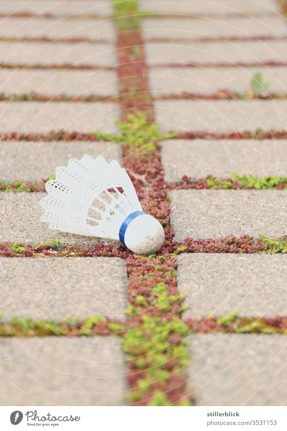 Federball auf Pflastersteinen und bewachsenen Fugen Badminton Sport Freizeit & Hobby Muster draußen Parkplatz