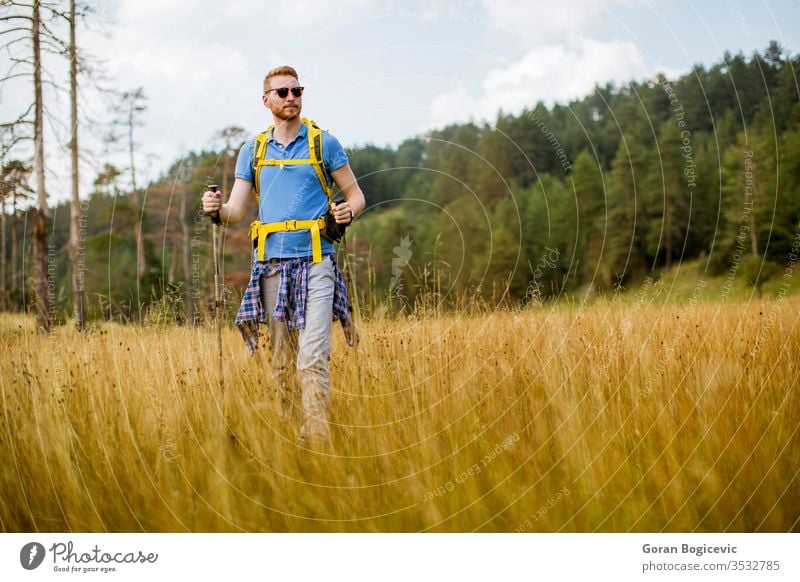 Junger Wanderer geniesst einen sonnigen Tag auf dem Berg Natur Sommer Tourist wandern Abenteuer reisen jung Reise Wald Lifestyle im Freien Landschaft aktiv