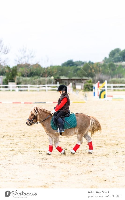 Kind und Pony im Paddock Ponys Sattelkammer Reiterin Jockey Schule Lektion sitzen Tier Schutzhelm Mitfahrgelegenheit Sport Training Bildung wenig Uniform Ranch