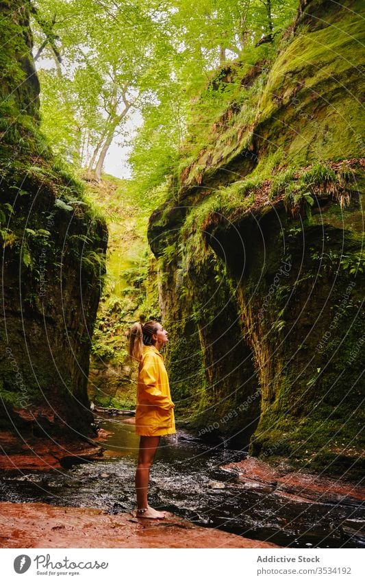 Weibliche Touristin steht in der Nähe von Wasserfall und grünem Berg Berge u. Gebirge Natur erkunden stehen Frau idyllisch Fernweh Paradies Urlaub Kaskade