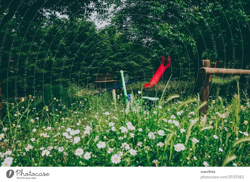 Verlassener Park im Frühling voller Blumen Menschenleer schön Blütezeit wild ländlich rustikal Beitrag postapokalyptisch grün Schönheit keine Menschen Sliden