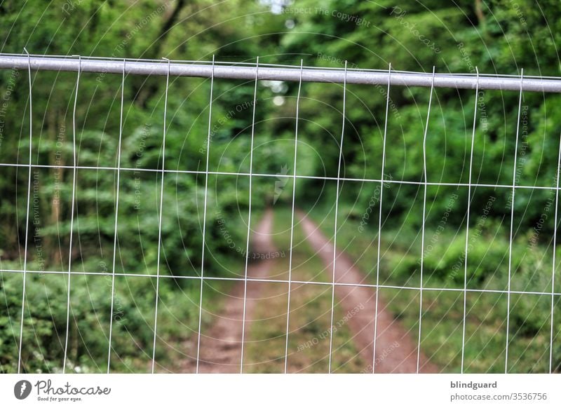 Fernweh ... ein verschwommener Waldweg, der durch einen scharfen Bauzaun abgesperrt ist. Ende Gelände. Waldböden Schneise Erholung Erholungsgebiet Flora Fauna