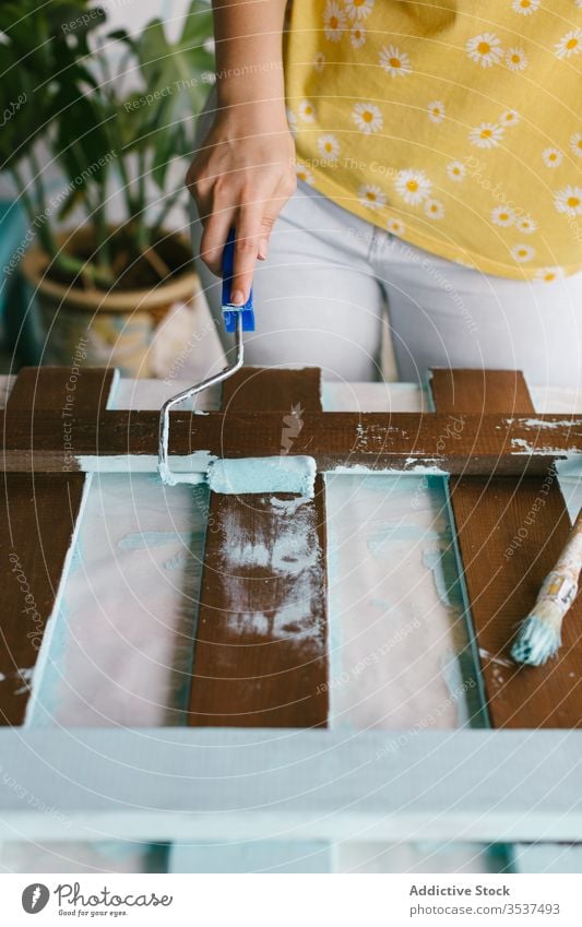 Mädchen mit Farbroller zum Streichen eines Holzstreifens Zaun Fähigkeit Handwerk Gerät Farbe Malerei Bürste Kaukasier Konstruktion Handwerkerin diy