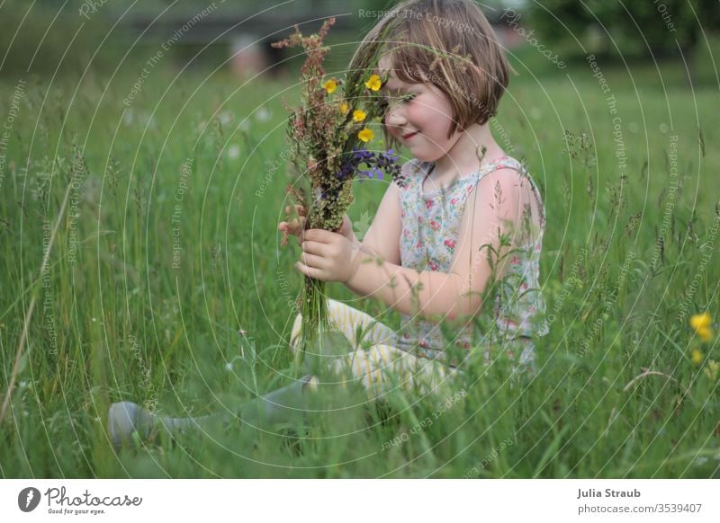 Mädchen sitzt in der Wiese mit einem Blumenstrauß hohes Gras Wildblumenwiese Gummistiefel sitzen genießen pflücken Butterblumen halme