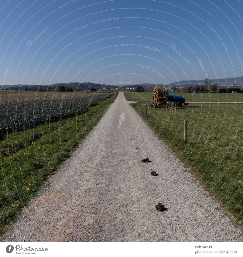 Blick einen Weg entlang über Ackerland, Landmaschinen an der nächsten Wegkreuzung, im Hintergrund eine Siedlung Landwirtschaft feldweg Zentralperspektive