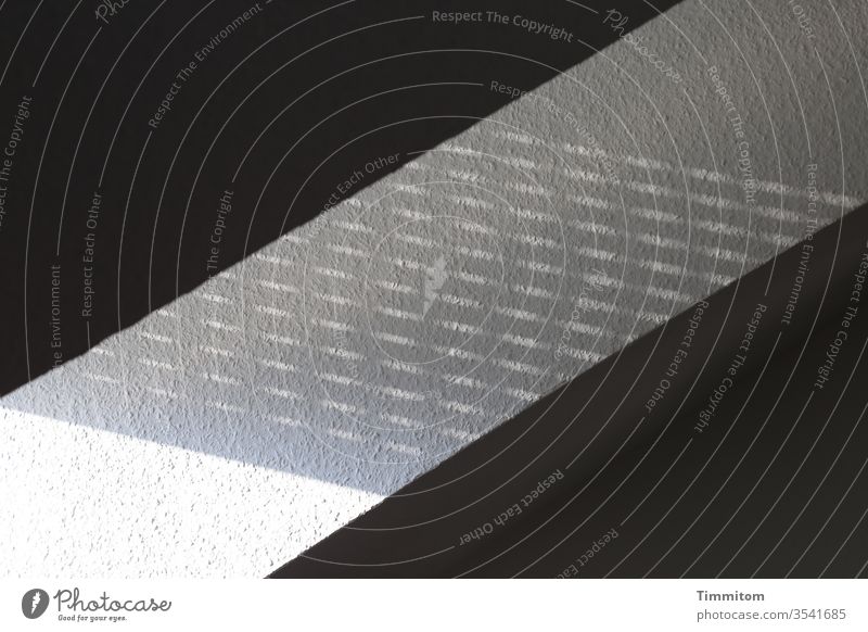 Licht und Schatten in einer Dachwohnung Lichterscheinung Fenster Dachfenster Rollo Linien schwarz weiß Innenaufnahme Wand Kontrast