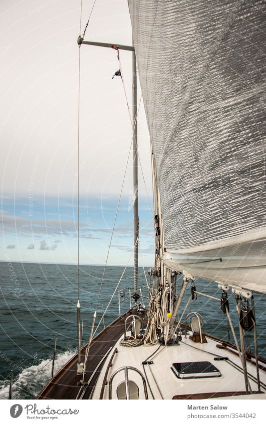 das Leben ist besser mit erhobenen Segeln Himmel blau weiß Boot Meer MEER Wind Yachting reisen Wasser Sport Segelboot Mast Genua sonnig Abenteuer Schiffsdeck