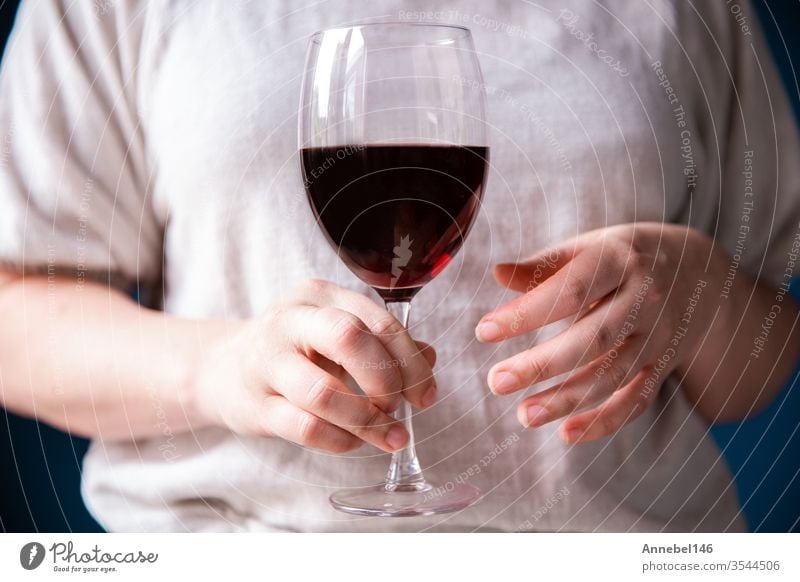 Porträt einer jungen Frau mit einem Glas Rotwein in der Hand vor blauer Wand, Hintergrund Familie Business Mode Party Liebe Lebensmittel Person Mädchen Roséwein