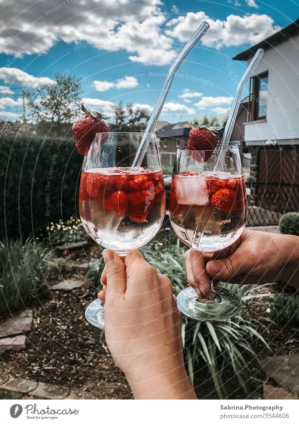 Gefüllte Weingläser mit Sekt, Himbeeren und Erdbeeren an einem Sommertag, Hessen, Sauerland, Deutschland Aperitif Hände anstoßen Prost Glas Frucht Alkohol