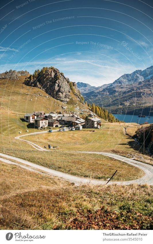 Bergdorf am See Dorf Straße Wege & Pfade wandern Silvaplana Oberengadin steinhaus Felsen Berge u. Gebirge Wiese Alpen Tourismus Landschaft