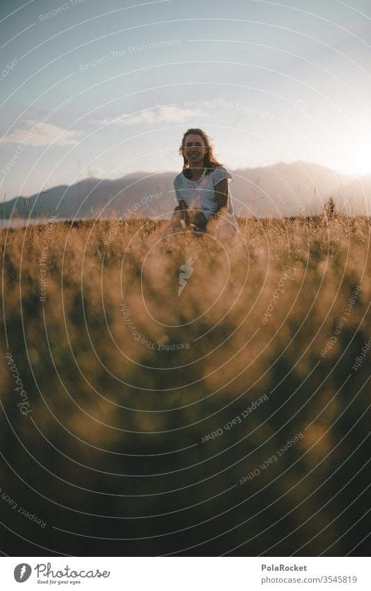 #As# sitting Feld Sommer Sonnenuntergang Wiese Feldrand sitzen Natur Außenaufnahme Farbfoto Schönes Wetter Frau Freiheit genießen Model Landschaft