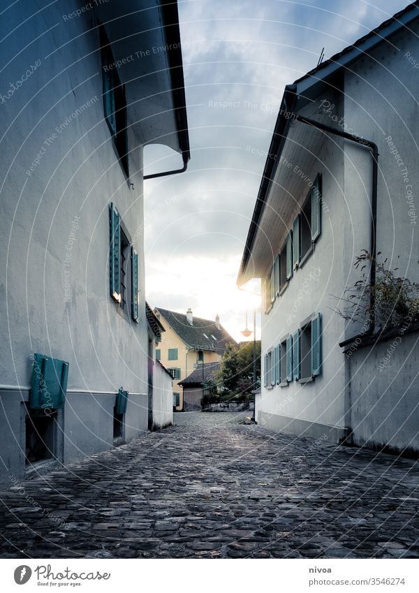 Dorfgasse Straße Schweiz Zürich See Farbfoto blau Reflexion & Spiegelung dunkel Stadt Himmel Außenaufnahme Architektur Abend Schatten schwarz Licht Gebäude