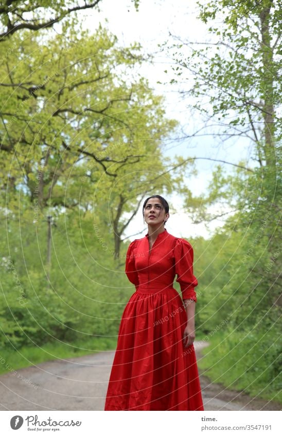 Estila dunkelhaarig zopf langhaarig kleid grün beobachten schauen feminin frau stehen straße wald baum natur waldweg asphalt erstaunt schön