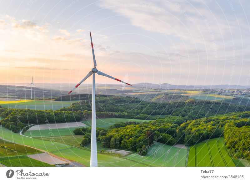 Windrad in einer üppigen Abendlandschaft Air Elektrizität Energie Waldhügel von oben Ökostrom Landschaft Nadelwald Panorama Turbine einige Rad Windstrom