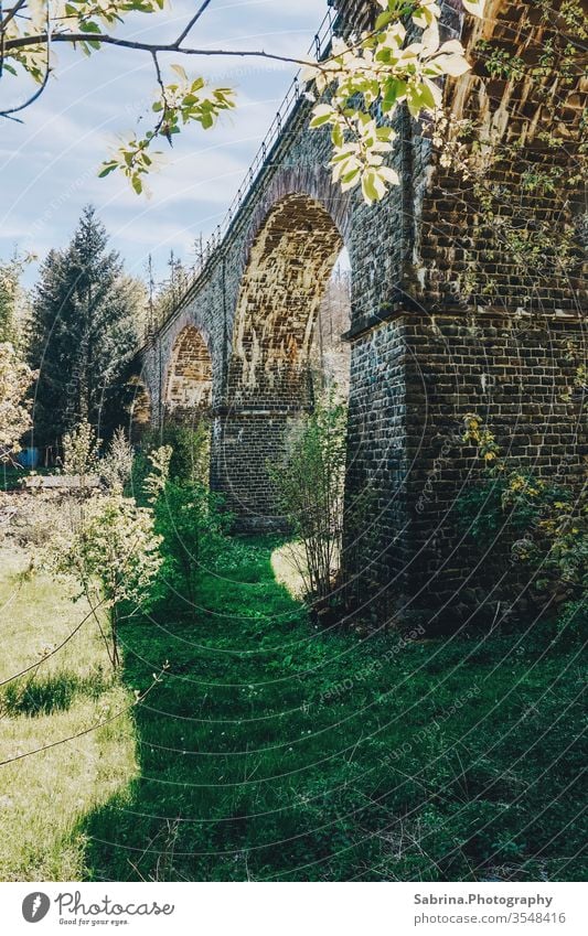 Viadukt im Sauerland an einem sonnigen Tag, Deutschland Brücke Hessen Froschperspektive Bauwerk Außenaufnahme Menschenleer Farbfoto Europa Sehenswürdigkeit