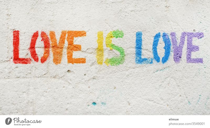 "Love is love" in Druckschrift und in Regenbogenfarben auf grauer Putzwand love is love lieben LGBT Toleranz gleichgeschlechtlich homosexuell Gleichstellung