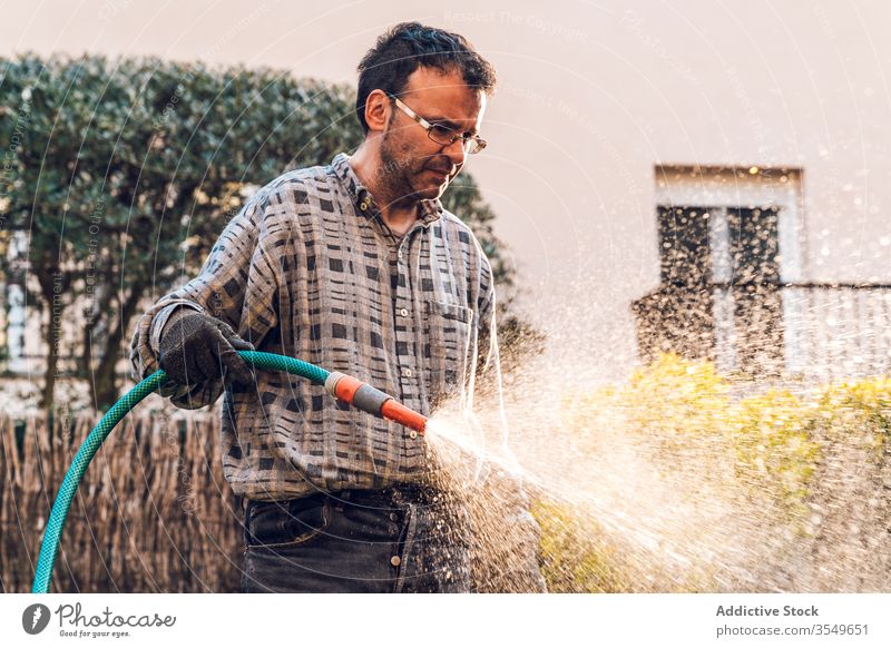 Erwachsener männlicher Gärtner gießt Pflanzen im Garten Mann Wasser Arbeit Landschaft Pflege Rasen Ackerbau Natur kultivieren Gras Botanik Saison Bauernhof