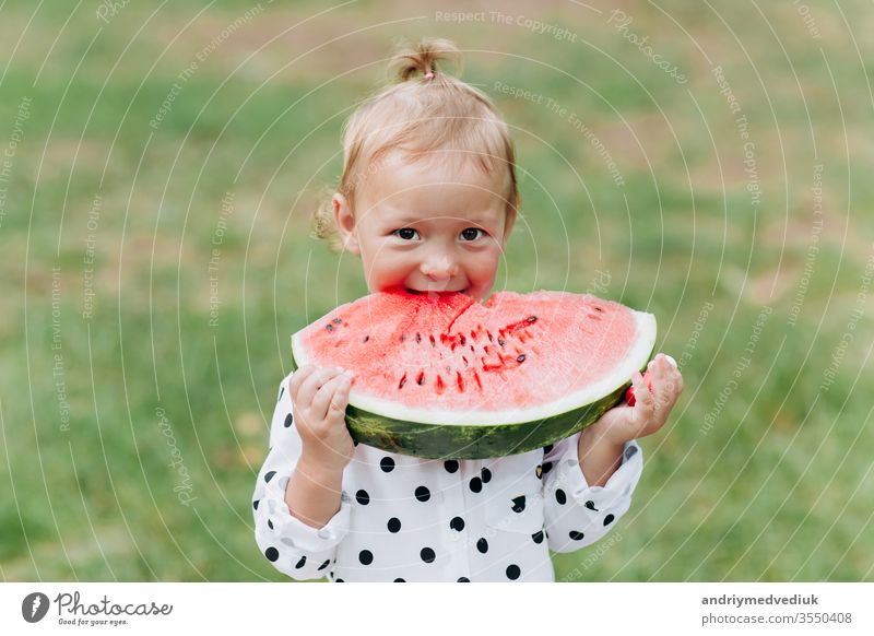 Ein süßes kleines Mädchen, das im Sommer ein großes Stück Wassermelone auf dem Rasen isst. Bezauberndes kleines Mädchen, das im Garten spielt und in ein Stück Wassermelone beißt. selektive Konzentration