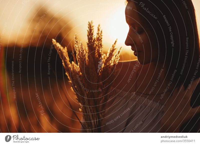 Schöne sorglose Frau auf Feldern, die im Freien glücklich ist. Stimmungsvolles Lifestyle-Foto einer jungen schönen Frau im Freien. Braune Haare und Augen. Warmer Herbst. Warmer Frühling.