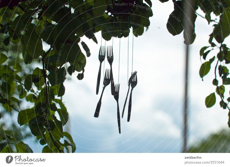 Sechs Gabeln im Wind ast gabel klang besteck klingeln windspiel baum ferien garten klangspiel himmel kleingarten kleingartenkolonie hängend menschenleer natur