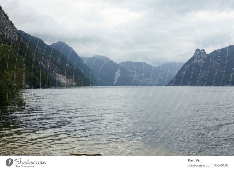 Traunsee Blick richtung Ebensee unterhalb des Traunsteins Ufer Traunseeufer See bewölkt Wasser Salzkammergut Österreich Ostalpen Urlaub Berge u. Gebirge Natur