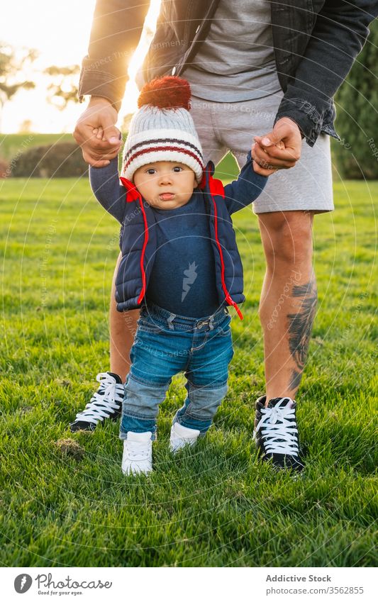 Kleines Kind geht mit seinem Vater auf der grünen Wiese spazieren Zusammensein Kleinkind Spaziergang abstützen Hilfsbereitschaft Pflege Liebe lernen Park Gras