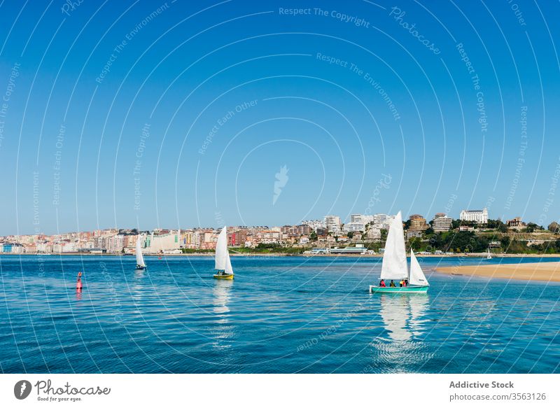 Segelschiffe in Küstennähe Segelboot MEER Sommer Schwimmer Boot Gefäße Wasser Großstadt Blauer Himmel wolkenlos Ufer reisen Meer Ausflug Reise Resort Verkehr