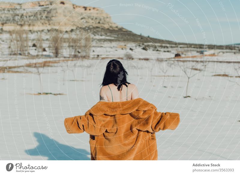 Junge Frau in Pelzmantel und Dessous steht im verschneiten Feld sinnlich Schnee Natur Winter Mantel brünett selbstbewusst trendy jung schlank Stil Mode Dame