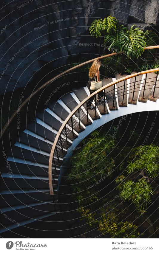 Junge Frau erklimmt schöne Treppe mit Vegetation nach oben Stein Sandsteinmauer minimalistisch Strukturen & Formen Muster Detailaufnahme Design Linien Farbfoto